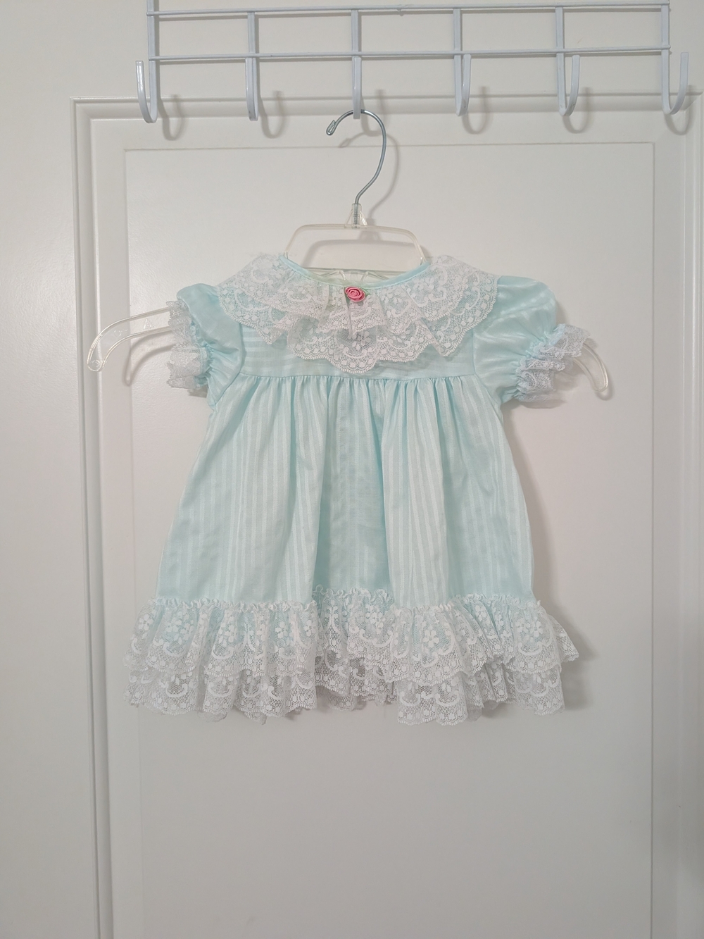 Vintage Jolene Baby Dress 12M Aqua Lace Ruffle Made USA Cottagecore